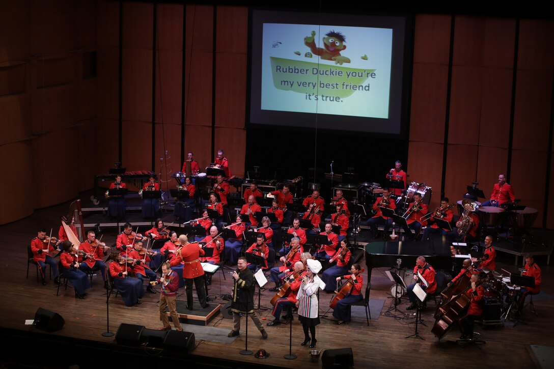 On April 15, 2018, the Marine Chamber Orchestra presented a Young People's Concert with guest Bob McGrath from Sesame Street at the Rachel M. Schlesinger Concert Hall and Arts Center in Alexandria, Va.  (U.S. Marine Corps photo by Master Sgt. Amanda Simmons/released)