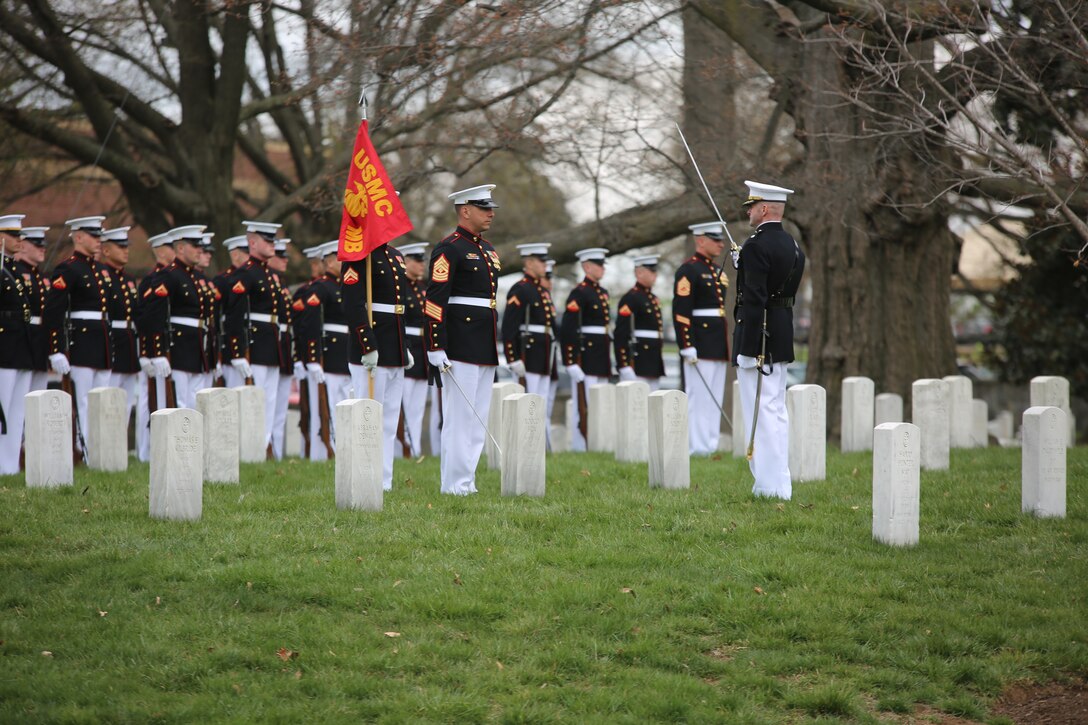 On April 12, 2018, the Marine Band partcipated in the funeral for Lt. Col. Erik Larsen, USMC (ret.), at Arlington National Cemetery. (U.S. Marine Corps photo by Master Amanda Simmons/released)