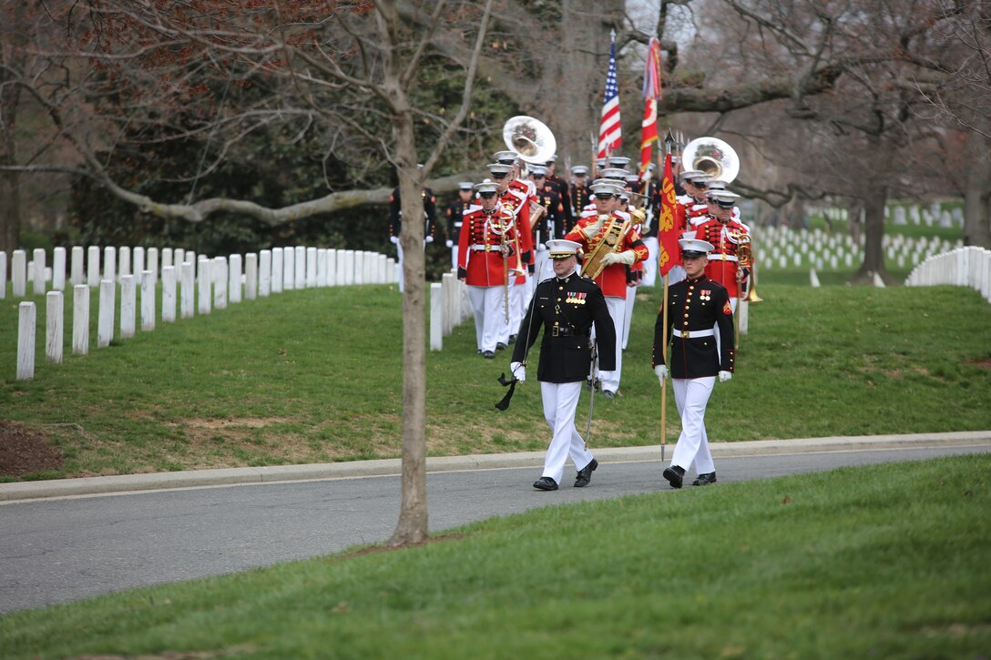 On April 12, 2018, the Marine Band partcipated in the funeral for Lt. Col. Erik Larsen, USMC (ret.), at Arlington National Cemetery. (U.S. Marine Corps photo by Master Amanda Simmons/released)