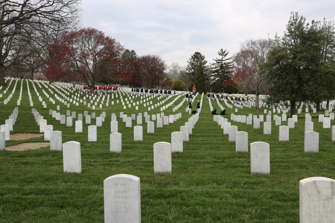 On April 12, 2018, the Marine Band partcipated in the funeral for Lt. Col. Erik Larsen, USMC (ret.), at Arlington National Cemetery. (U.S. Marine Corps photo by Master Amanda Simmons/released)