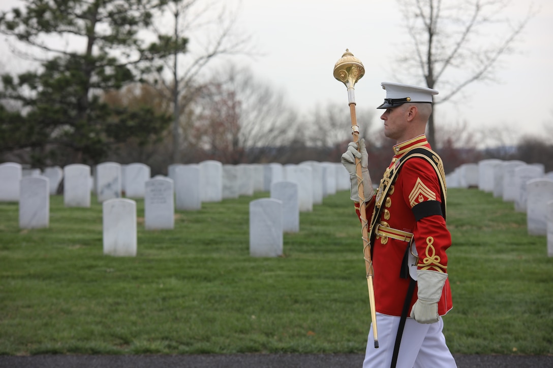 On April 12, 2018, the Marine Band partcipated in the funeral for Lt. Col. Erik Larsen, USMC (ret.), at Arlington National Cemetery. (U.S. Marine Corps photo by Master Amanda Simmons/released)