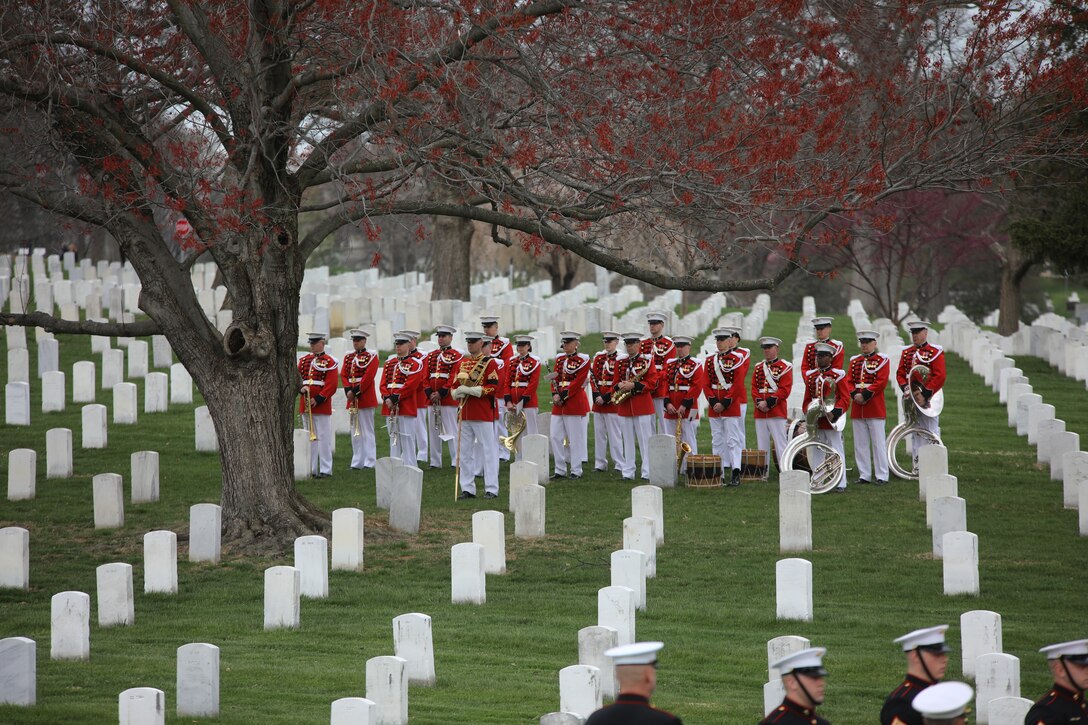 On April 12, 2018, the Marine Band partcipated in the funeral for Lt. Col. Erik Larsen, USMC (ret.), at Arlington National Cemetery. (U.S. Marine Corps photo by Master Amanda Simmons/released)