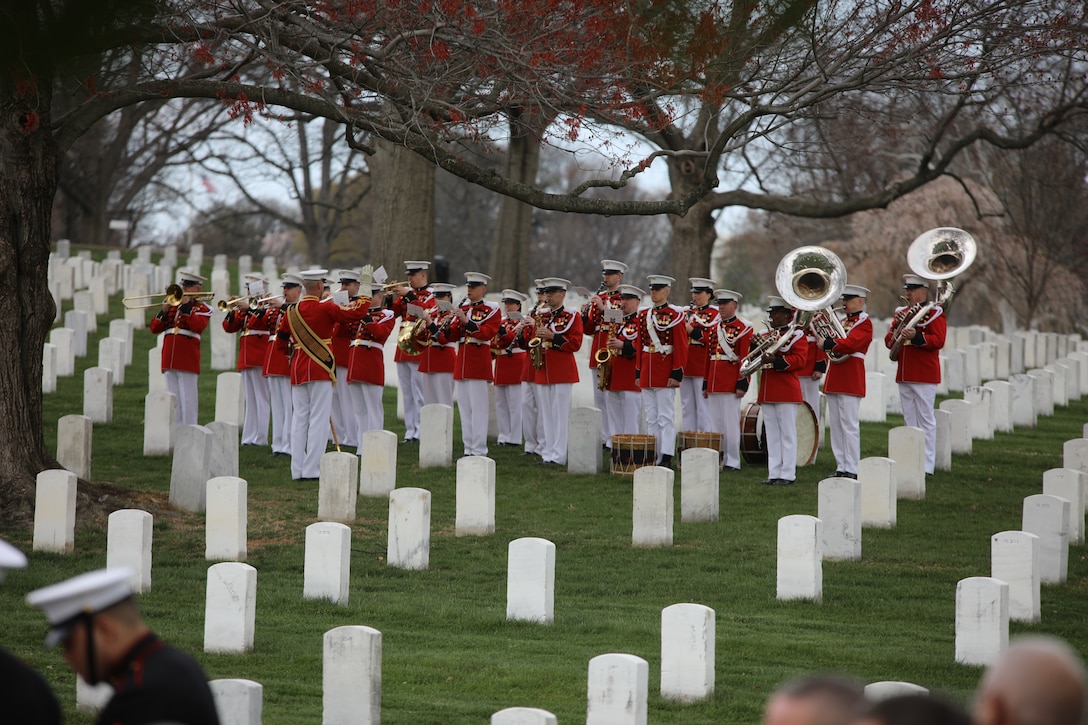 On April 12, 2018, the Marine Band partcipated in the funeral for Lt. Col. Erik Larsen, USMC (ret.), at Arlington National Cemetery. (U.S. Marine Corps photo by Master Amanda Simmons/released)