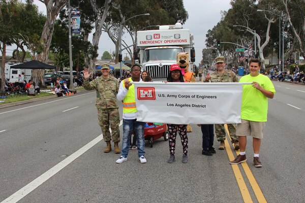 Maj. Scotty Autin, deputy district commander for the U.S. Army Corps of Engineers Los Angeles District and Lt. Col. Peter Stambersky, Los Angeles District contracting officergroup of LA D joined district team members and their families assembled for the two-mile parade route May 19 as participants in the 59th annual City of Torrance Armed Forces Day parade.