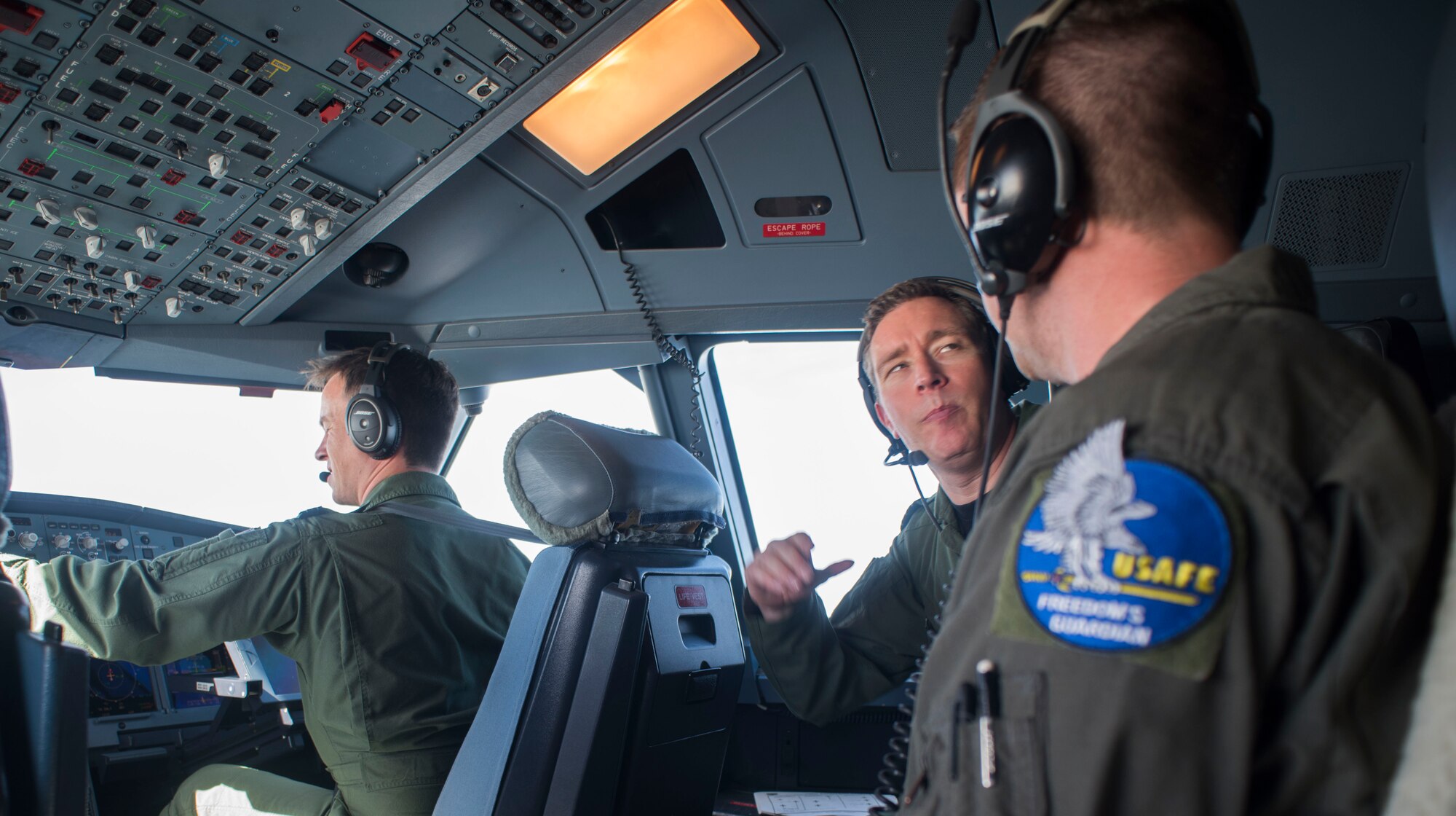 Royal Air Force Flight Lt. Jace Orr, left, and Wing Commander Pete Thorbjornsen fly the RAF Voyager over the North Sea during the European Tanker Symposium, May 17, 2018. The symposium is an annual event where NATO allies and partner nations with an interest in air refueling capabilities gather to discuss tanker formation flights. (U.S. Air Force photo by Airman 1st Class Alexandria Lee)