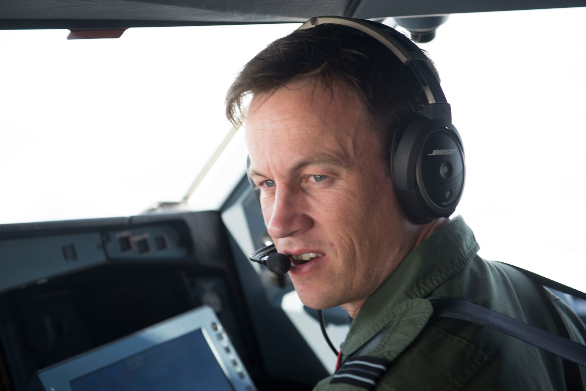 Royal Air Force Flight Lt. James West co-pilots the RAF Voyager over the North Sea during European Tanker Symposium, May 17, 2018. The symposium is an annual event where NATO allies and partner nations with an interest in air refueling capabilities gather to discuss tanker formation flights. (U.S. Air Force photo by Airman 1st Class Alexandria Lee)