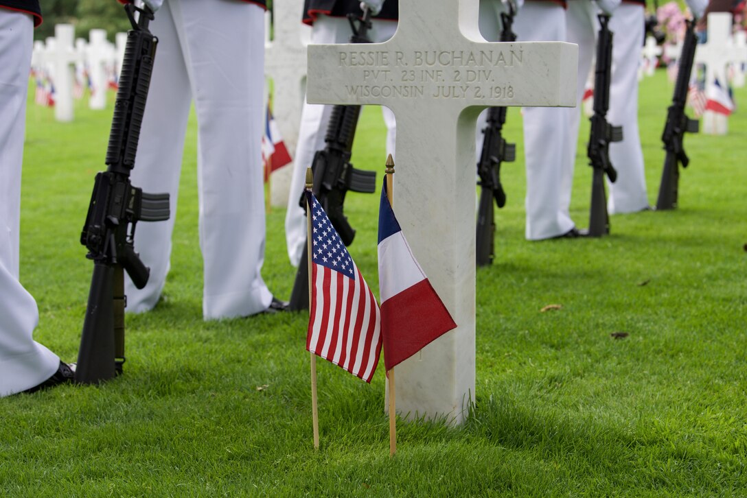 Marines with the firing detail of the 6th Marine Regiment stand ready during the Battle of Belleau Wood Centennial ceremony at the Aisne-Marne American Cemetery, France, May 27, 2018. The Ceremony commemorated the sacrifices made at WWI.
