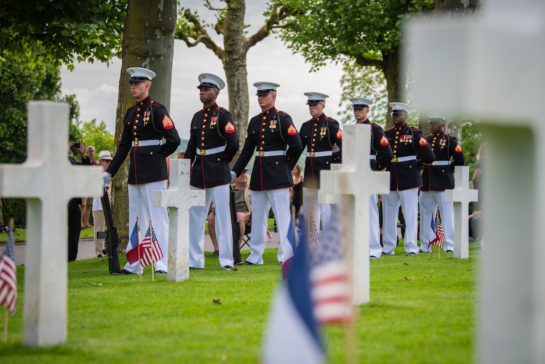 Marines with the firing detail of 6th Marine Regiment stand ready during the Battle of Belleau Wood Centennial ceremony at Aisne-Marne American Cemetery, France, May 27, 2018. The ceremony commemorated the sacrifice made during World War I.