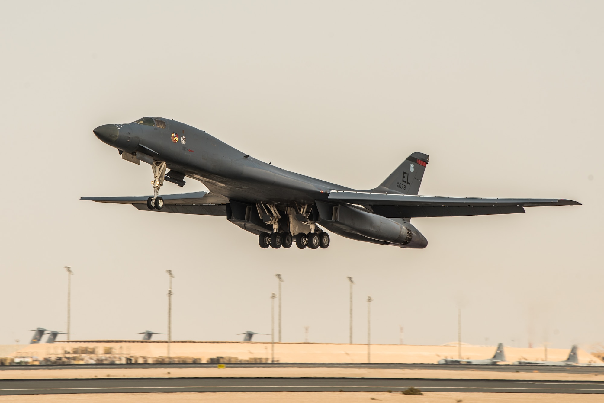 A 34th Expeditionary Bomb Squadron B-1B Lancer aircraft departs from Al Udeid Air Base, Qatar, May 19, 2018. The reputable B-1 returned to the area of operations in April to combat Taliban and other terrorist groups after two years of supporting the United States Pacific Command’s AOR. (U.S. Air Force photo by Staff Sgt. Joshua Horton)