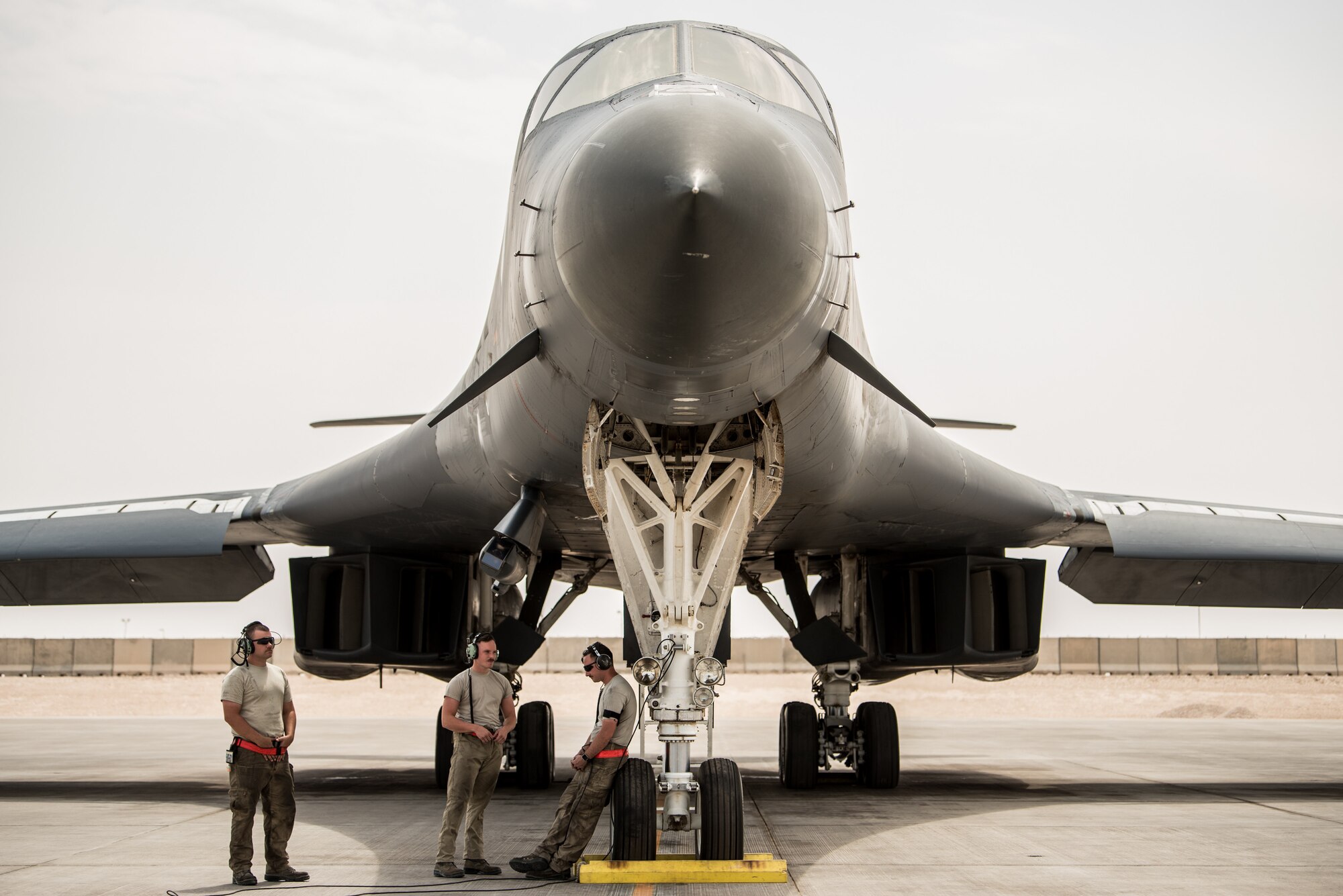 A 34th Expeditionary Bomb Squadron B-1B Lancer is prepared for departure at Al Udeid Air Base, Qatar, May 19, 2018. The reputable B-1 returned to the area of operations in April to combat Taliban and other terrorist groups after two years of supporting the United States Pacific Command’s AOR. (U.S. Air Force photo by 1st Lt. Katie Spencer)