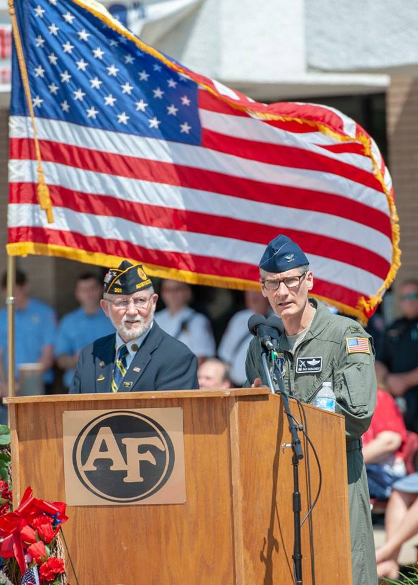 Col. Dan Sarachene, commander of the 910th Airlift Wing, based at Youngstown Air Reserve Station, Ohio, gives the keynote address at a Memorial Day ceremony in Austintown Township, May 28, 2018.