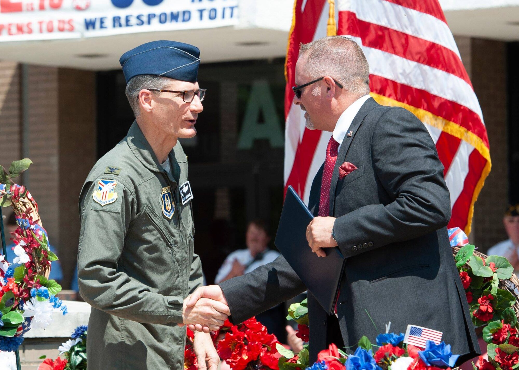 Col. Dan Sarachene, commander of the 910th Airlift Wing, based at Youngstown Air Reserve Station, Ohio, gives the keynote address at a Memorial Day ceremony in Austintown Township, May 28, 2018.