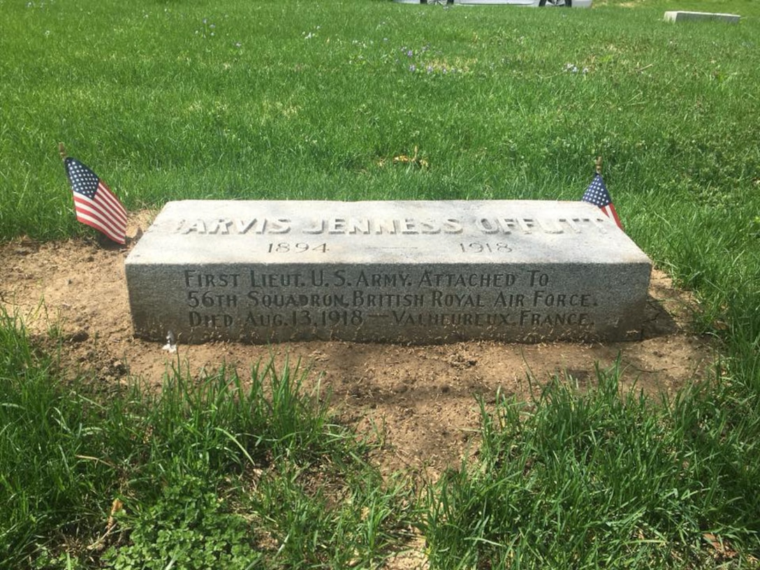 The gravestone of U.S. Army 1st Lt. Jarvis Offutt surrounded by dirt from the process of raising the stone May 1, 2018, at Forrest Lawn Memorial Park, Nebraska.