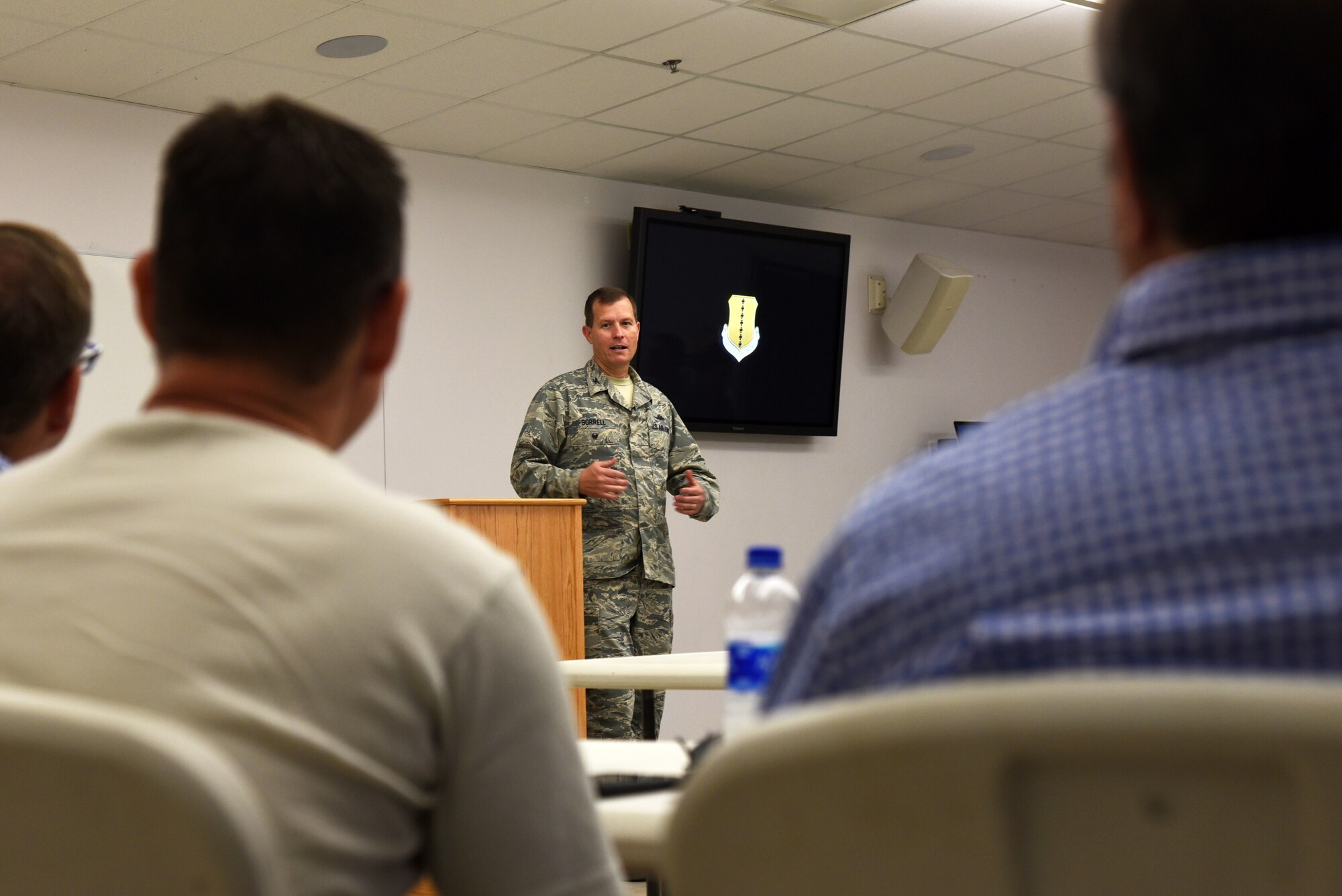 U.S. Air Force Col. Jeffrey Sorrell, 17th Training Wing vice commander, speaks during Clergy Day at the Taylor Chapel on Goodfellow Air Force Base, Texas, May 24, 2018. Sorrell welcomed local clergy who came to Goodfellow to get a better understanding of the base. (U.S. Air Force photo by Staff Sgt. Joshua Edwards/Released)