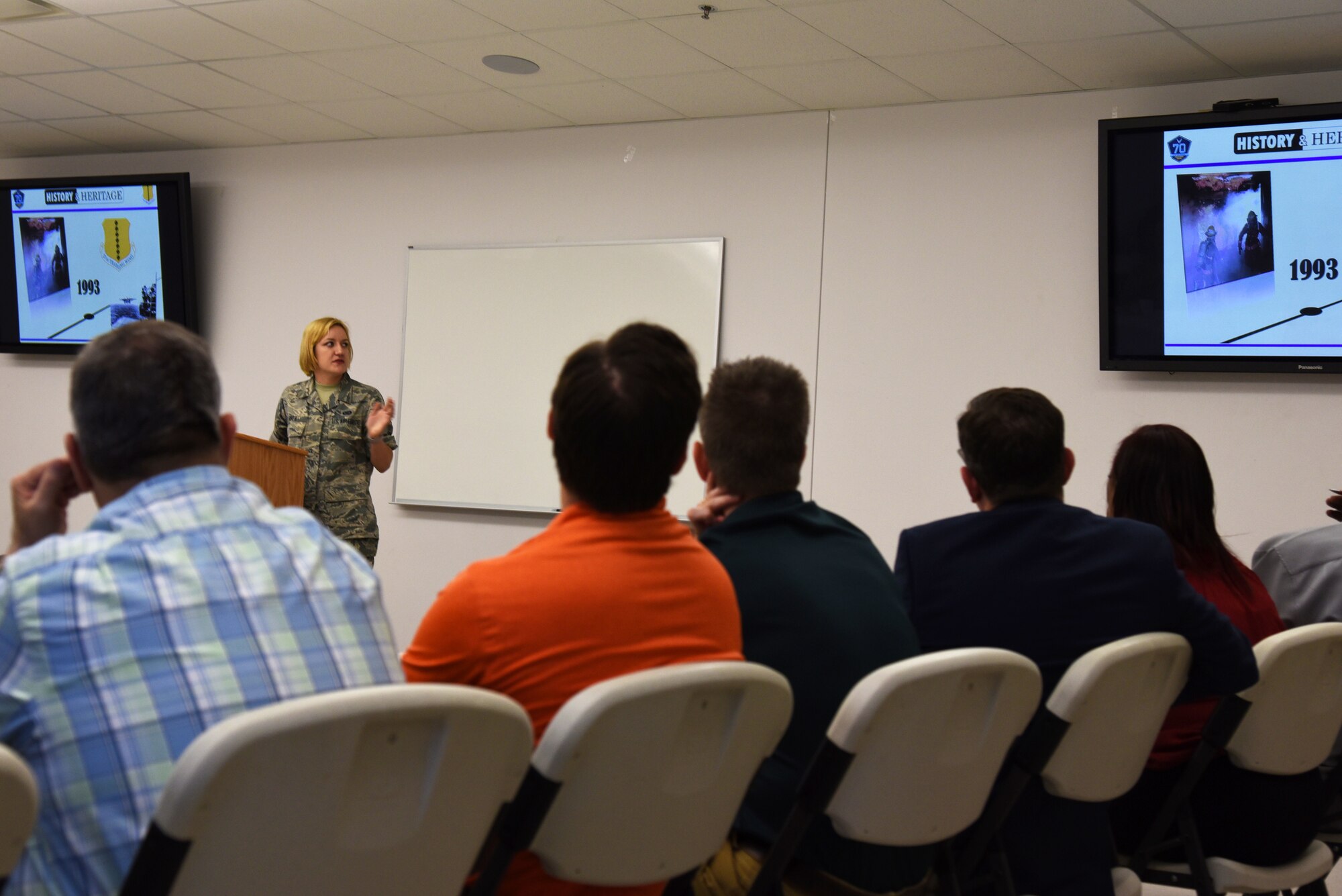 U.S. Air Force Airman 1st Class Seraiah Hines, 17th Training Wing Public Affairs photojournalist apprentice, speaks during Clergy Day at the Taylor Chapel on Goodfellow Air Force Base, Texas, May 24, 2018. Hines provided local pastors with information about Goodfellow’s history and heritage. (U.S. Air Force photo by Staff Sgt. Joshua Edwards/Released)