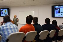 U.S. Air Force Airman 1st Class Seraiah Hines, 17th Training Wing Public Affairs photojournalist apprentice, speaks during Clergy Day at the Taylor Chapel on Goodfellow Air Force Base, Texas, May 24, 2018. Hines provided local pastors with information about Goodfellow’s history and heritage. (U.S. Air Force photo by Staff Sgt. Joshua Edwards/Released)
