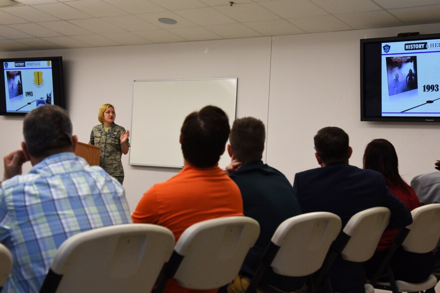 U.S. Air Force Airman 1st Class Seraiah Hines, 17th Training Wing Public Affairs photojournalist apprentice, speaks during Clergy Day at the Taylor Chapel on Goodfellow Air Force Base, Texas, May 24, 2018. Hines provided local pastors with information about Goodfellow’s history and heritage. (U.S. Air Force photo by Staff Sgt. Joshua Edwards/Released)