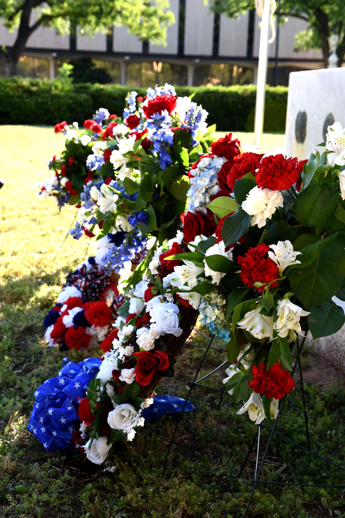 Wreaths in front of the Tom Green County Courthouse Memorial in San Angelo, Texas, at the All Veterans Council of Tom Green County Memorial Day Commemoration May 24, 2018. Members of various veteran associations from the community placed the wreaths as a symbol of remembrance and honor to those who sacrificed their lives in service to the country. (U.S. Air Force photo by Airman 1st Class Seraiah Hines/Released)