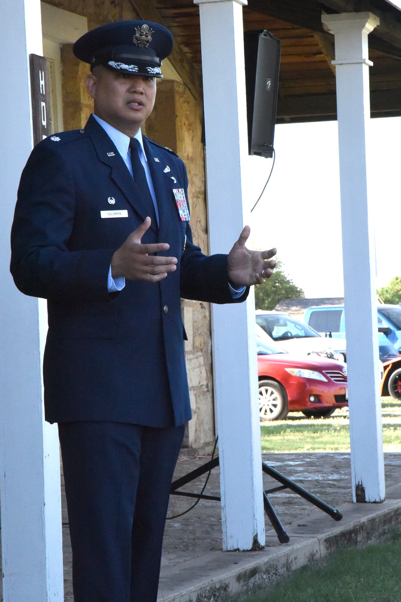 U.S. Air Force Lt. Col. Abraham Salomon, 17th Training Support Squadron commander, speaks during Memorial Day at Fort Concho in San Angelo, Texas, May 28, 2018. Salomon spoke about honor and what it means to service members to remember those who have led by example and given their lives in the ultimate sacrifice. (U.S. Air Force photo by Airman 1st Class Seraiah Hines/Released)