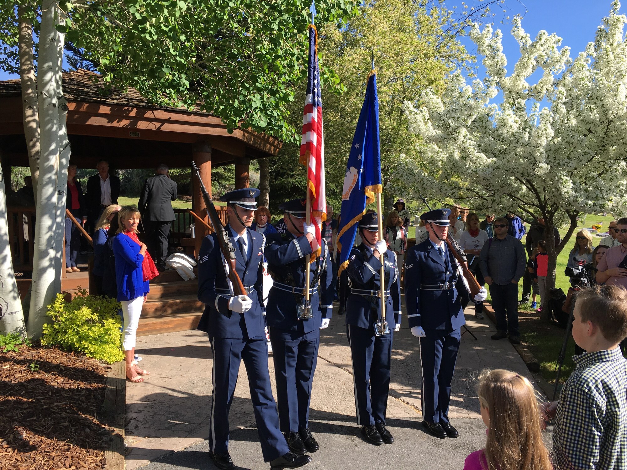 The Hill Air Force Base Honor Guard presents the colors during a tribute May 28, 2018, at Park City, Utah, to honor the Airmen involved in a B-18 bomber crash that occurred in 1941. Two of the seven crew members lost their lives in the accident at Iron Mountain near Park City. (Courtesy photo)
