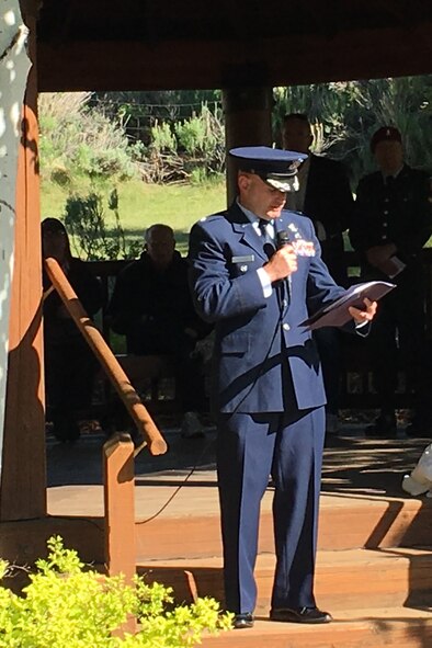Col. Dave Dunklee, 75th Air Base Wing vice commander, provides remarks during a tribute May 28, 2018, at Park City, Utah, to honor the Airmen involved in a B-18 bomber crash that occurred in 1941. Two of the seven crew members lost their lives in the accident at Iron Mountain near Park City. (Courtesy photo)