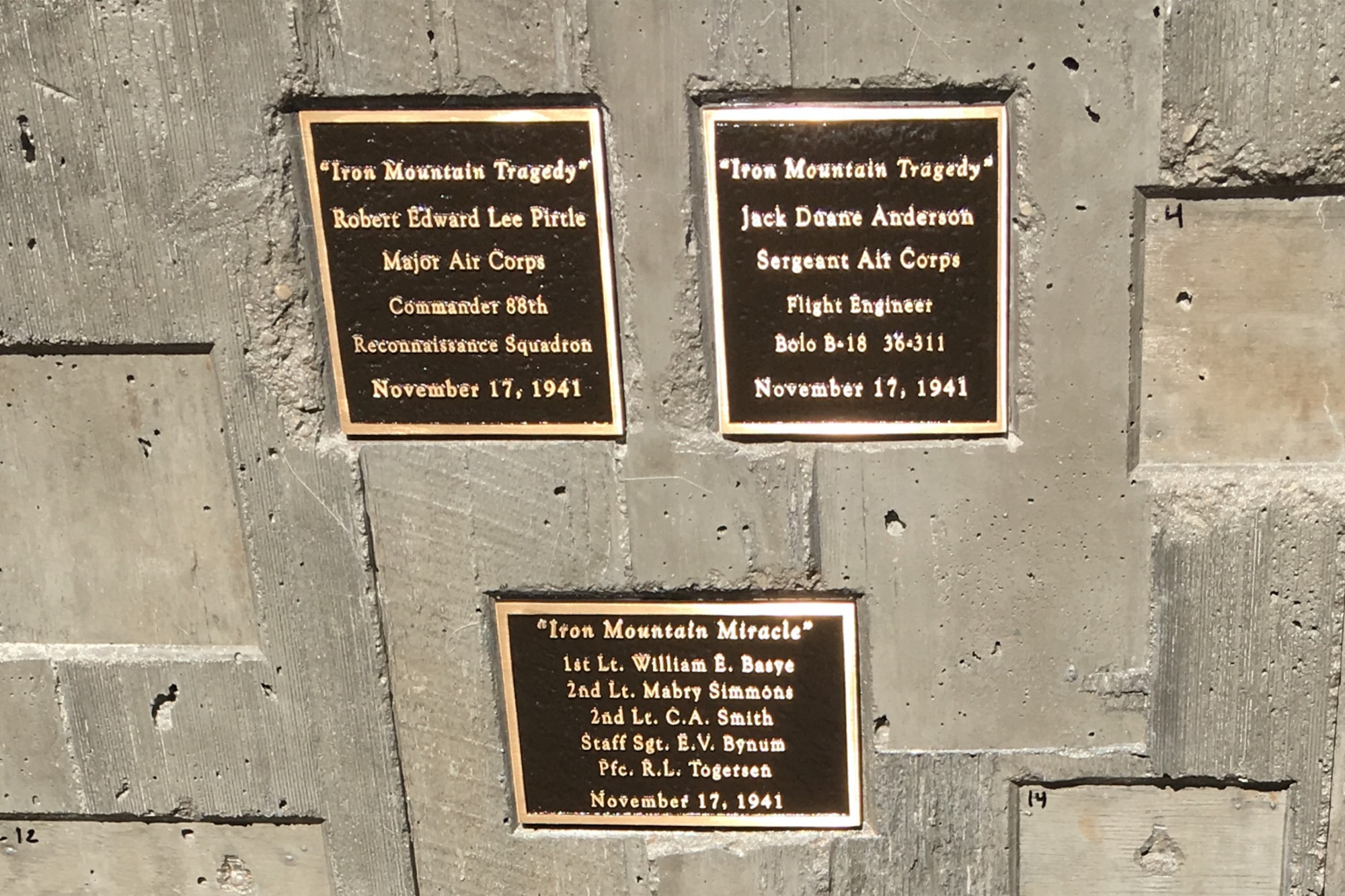 Plaques are on display at a tribute May 28, 2018, to honor the Airmen involved in a B-18 bomber crash that occurred in 1941. Two of the seven crew members lost their lives in the accident at Iron Mountain near Park City. (Courtesy photo)