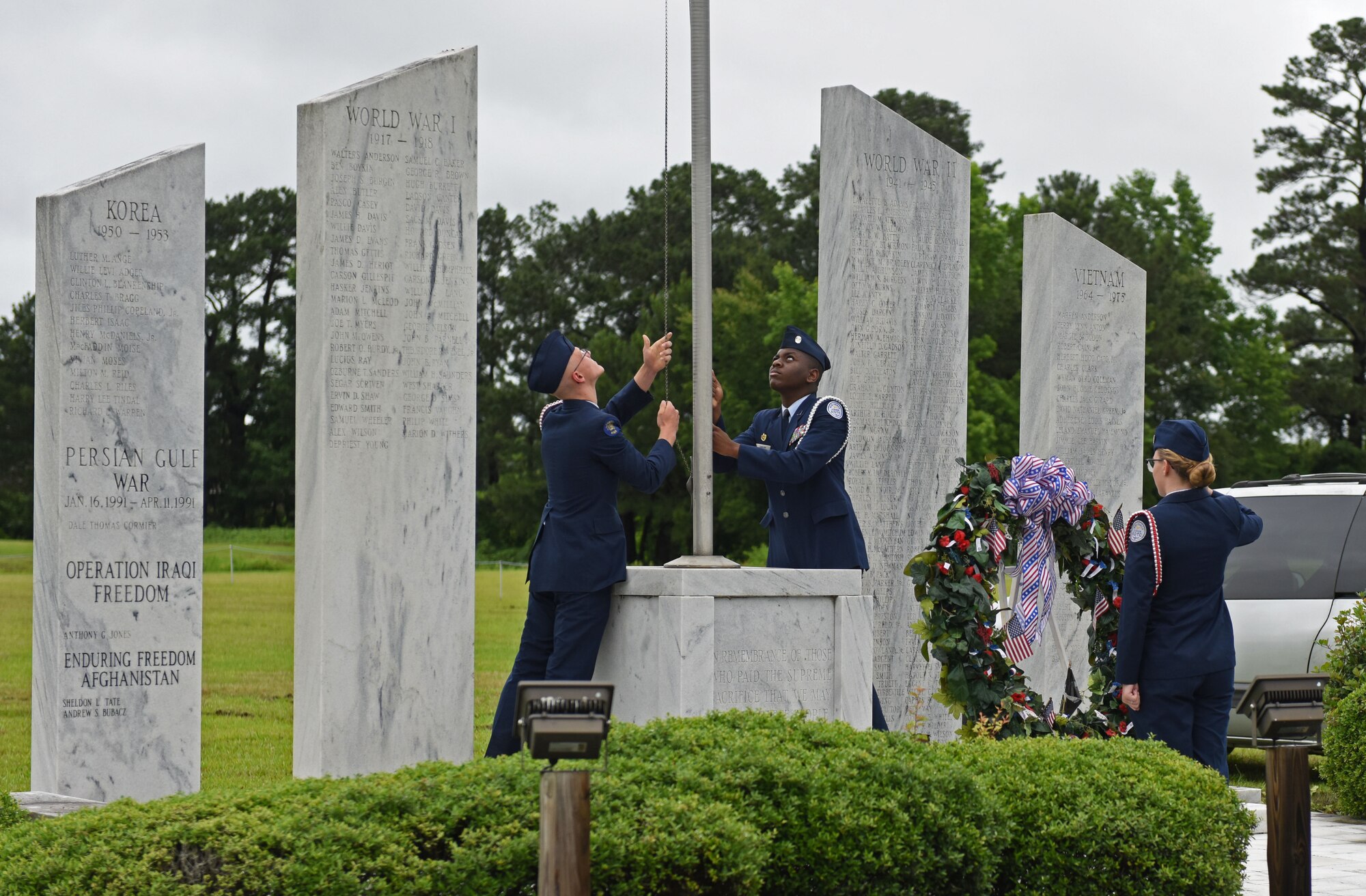 Sumter Air Force Junior Reserve Officers’ Training Corps members perform a Memorial Wreath Ceremony at Sumter Shaw Park, Sumter, S.C., May 28, 2018.