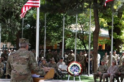KABUL, Afghanistan (May 28, 2018) -- Gen. John Nicholson, Resolute Support and U.S. Forces-Afghanistan commander, speaks during a Memorial Day ceremony at Resolute Support headquarters, May 28, 2018. (Resolute Support photo by Erickson Barnes)