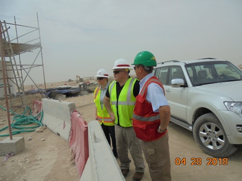 Melanie Barajas, Middle East District's Chief of Safety and Occupational Health, Kevin Raposa, Safety and Occupational Health Specialist TAM Construction Division, and Viv Turner, Site 1 Safety and Security Manager on site in Qatar assessing the construction program and safety program.