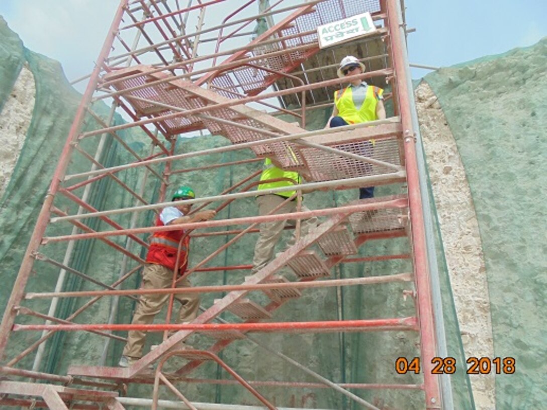 Melanie Barajas, Middle East District's Chief of Safety and Occupational Health, Kevin Raposa, Safety and Occupational Health Specialist TAM Construction Division, and Viv Turner, Site 1 Safety and Security Manager on site in Qatar assessing the construction program and safety program.