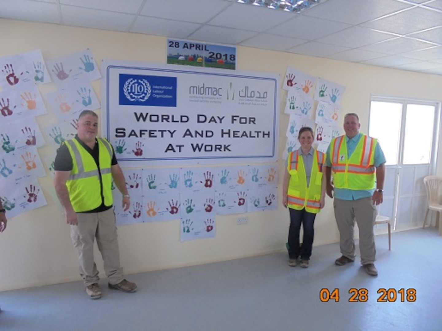 Kevin Raposa, Safety and Occupational Health Specialist TAM Construction Division, Melanie Barajas, Middle East District's Chief of Safety and Occupational Health,and Jason Yocum, Shield 5 Program Safety Manager.