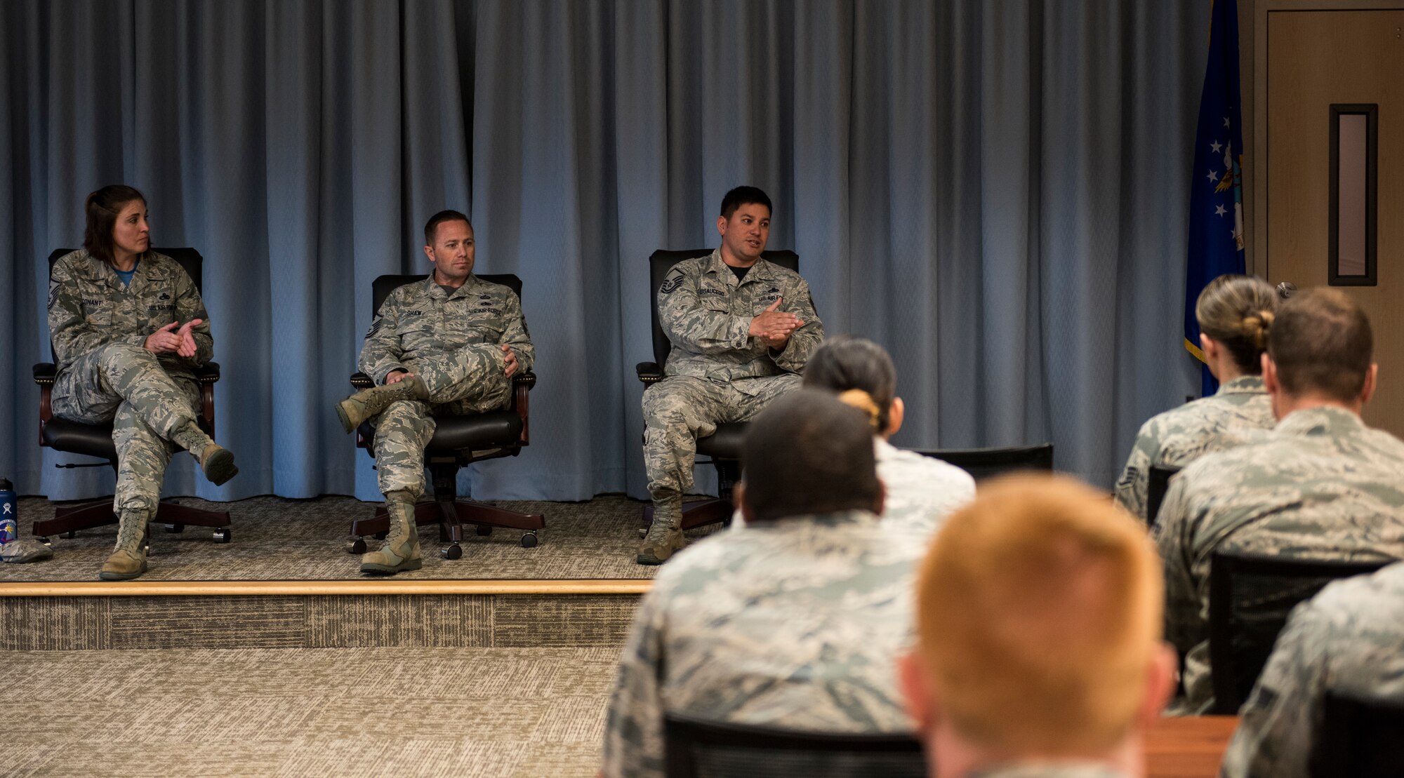A panel of Team Fairchild first sergeant's talks to an Airman Leadership School class about supervision and the role of the first sergeant, at Fairchild Air Force Base, Washington, May 18, 2018. Throughout their training, first sergeants gain knowledge on a vast amount of resources for Airmen and their families. This training allows them to support Airmen with their life stressors and set them up with additional help if it is needed. (U.S. Air Force photo/Senior Airman Sean Campbell)