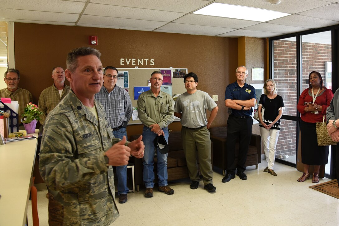 U.S. Air Force Lt. Col. Robert Borger, 17th Training Wing chaplain, speaks during Clergy Day at the Crossroads Student Ministry center on Goodfellow Air Force Base, Texas, May 24, 2018. Borger let local pastors know how they are needed to be able to provided spiritual support to Goodfellow service members. (U.S. Air Force photo by Staff Sgt. Joshua Edwards/Released)