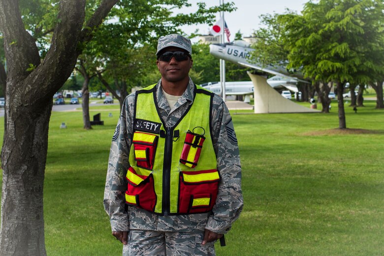 U.S. Air Force Master Sgt. Keith Wright, the 35th Fighter Wing flight safety NCO, poses for a photo at Misawa Air Base, Japan, May 23, 2018. This year marks 75 years of safety identifying flight risks, evaluating flight line supervision and examining flight operations. (U.S. Air Force photo by Airman 1st Class Collette Brooks)