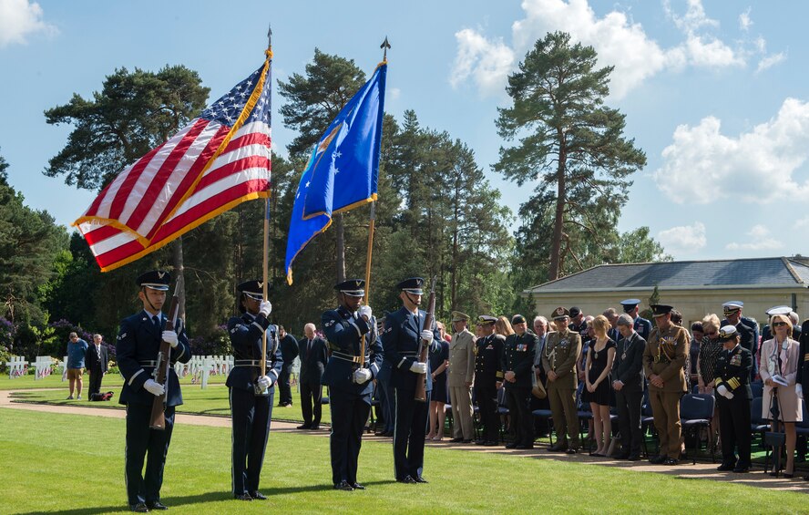 U.S. Air Force Honor Guard presents the colors at Brookwood Cemetery, May 27, 2018. The ceremony was part of Memorial Day to honor the fallen around the world. (U.S. Air Force photo by Senior Airman Chase Sousa)