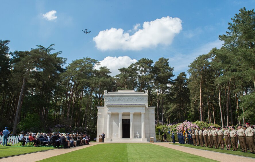A U.S. Air Force KC-135 Stratotanker performs a fly-over at Brookwood Cemetery, May 27, 2018. The fly-over was in honor of Memorial Day and those who have been buried at Brookwood Cemetery. (U.S. Air Force photo by Senior Airman Chase Sousa)