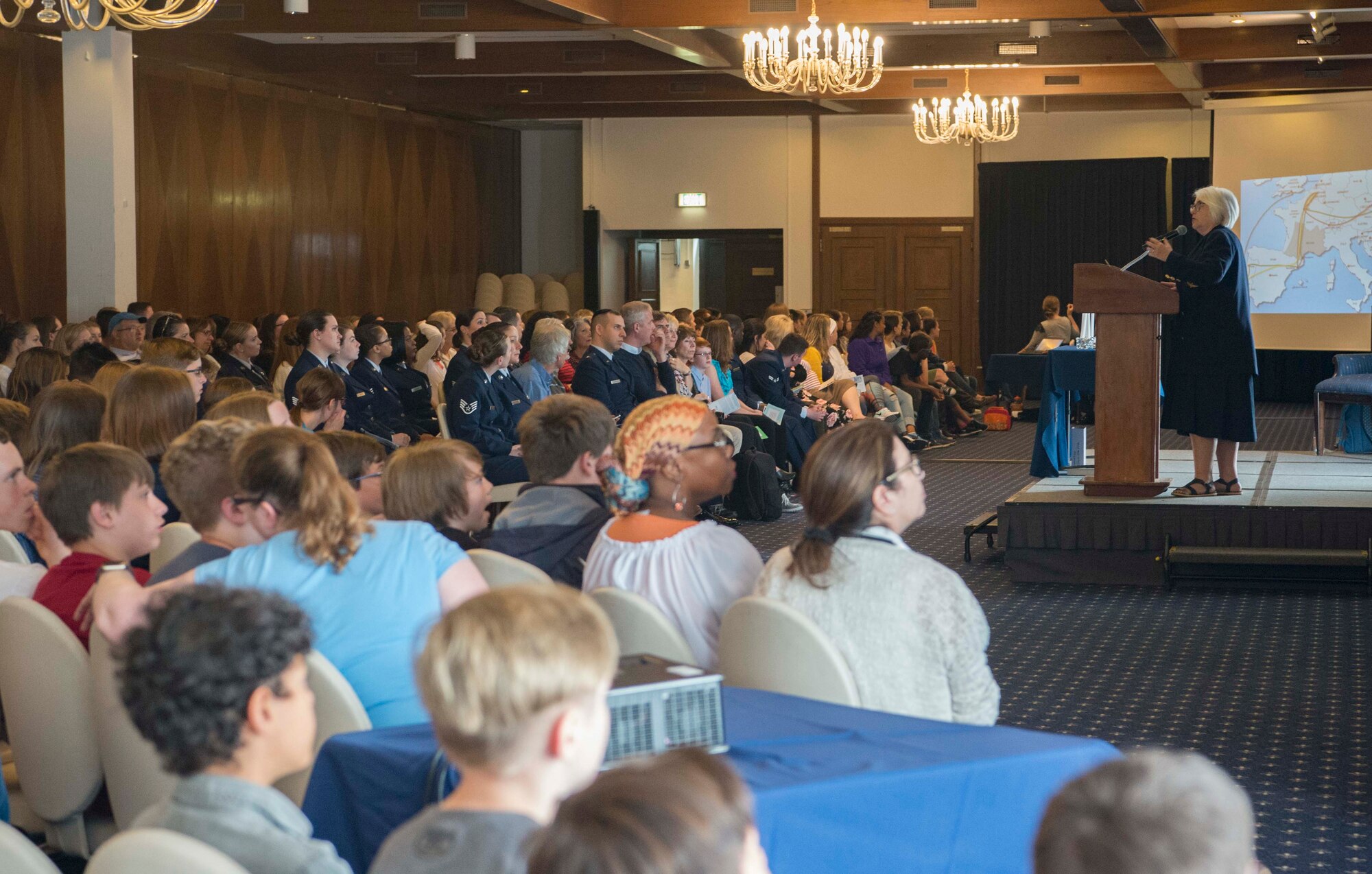 Joan Salter, Holocaust survivor, gives a life account at the 86th Airlift Wing’s Holocaust Remembrance on Ramstein Air Base, Germany, May 24, 2018. Salter was three months old when Germany invaded her country of residence, Belgium. The 86th AW Holocaust Remembrance honors all who were persecuted in the Holocaust as well as anyone affected by the tragedy, including rescuers and U.S. soldiers who risked their lives during the liberation. (U.S. Air Force photo by Senior Airman Elizabeth Baker)