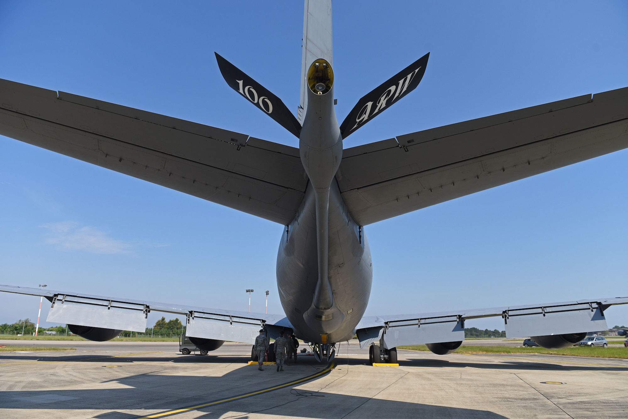 U.S. Airmen perform pre-flight checks of a KC-135 Stratotanker prior to supporting Exercise Point Blank at RAF Mildenhall, England, May 24, 2018. The exercise is a recurring large-force exercise designed and co-hosted by the Royal Air Force and the 48th Fighter Wing. It is a low-cost initiative created to increase tactical proficiency of the Department of Defense and Ministry of Defence forces stationed within the United Kingdom and Europe. (U.S. Air Force photo by Senior Airman Luke Milano)