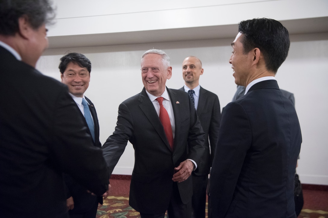 Defense Secretary James N. Mattis greets Japanese defense leaders.