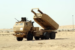The crew of a High Mobility Artillery Rocket System (HIMARS) vehicle waits for orders to conduct a fire mission during the Diamond Tempest training exercise April 18, 2018. The Soldiers and equipment are with 75th Field Artillery Brigade, III Corps.