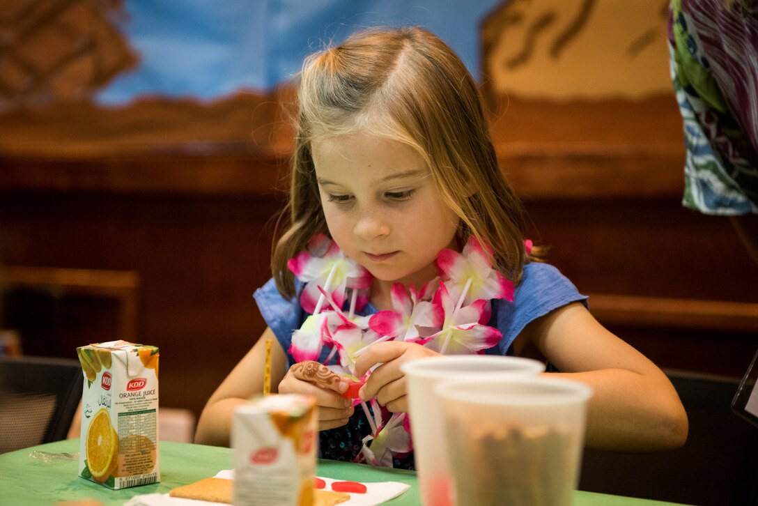 Children of command-sponsored families participate in various activities during Vacation Bible School at Al Udeid Air Base, Qatar, May 25, 2018. The two-day event, hosted by the 379th Air Expeditionary Wing Chaplain Corps, integrated biblical lessons and team-building activities. (U.S. Air Force photo by Staff Sgt. Joshua Horton)
