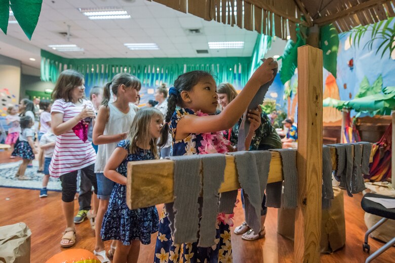 Children of command-sponsored families participate in various activities during Vacation Bible School at Al Udeid Air Base, Qatar, May 25, 2018. The two-day event, hosted by the 379th Air Expeditionary Wing Chaplain Corps, integrated biblical lessons and team-building activities. (U.S. Air Force photo by Staff Sgt. Joshua Horton)