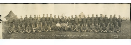 A historical group photo of Foxtrot Company, Vermont National Guard, at the State Camp in Burlington Vermont, July 5, 1909.