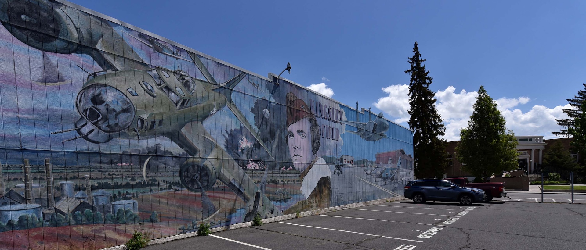 Drivers and pedestrians in downtown Klamath Falls, Ore., are treated to a large mural depicting the mission at the 173rd Fighter Wing and its namesake, Lt. David R. Kingsley, who received the Medal of Honor for heroism and sacrifice during WWII that cost him his life. The mural is painted by a local artist, Chris Young, and adorns the side of the local VFW Post.