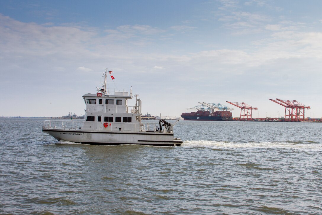 The survey vessel Ewell, a 61 foot catamaran outfitted with the latest multibeam SONAR technology and a crane capable of lifting 4,500 pounds, will serve as a dual-purpose vessel for the district, performing both as a survey vessel and marine debris removal vessel.