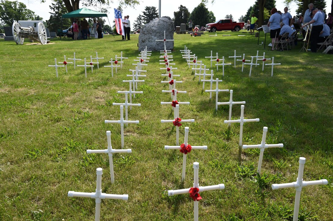 Memorial Crosses are placed at the American Legion cemetery site of Oak Hill Cemetery, May 28, 2018, in Plattsmouth, Neb.