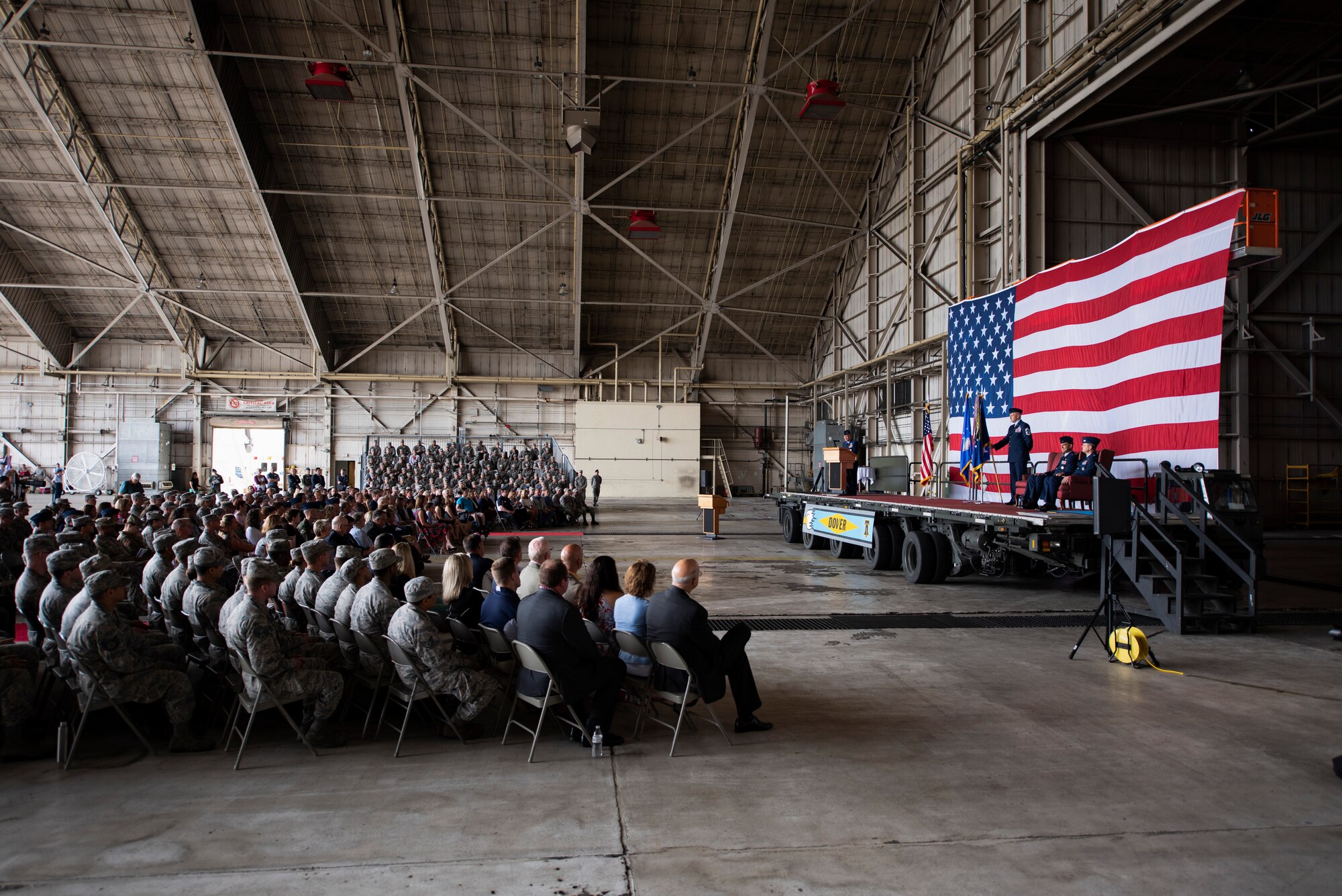 Members of Team Dover attend the 436th Airlift Wing Change of Command Ceremony May 30, 2018, at Dover Air Force Base, Del. Col. Ethan Griffin relinquished command of the 436th AW to Col. Joel Safranek in the ceremony, which was officiated by Lt. Gen. GI Tuck, 18th Air Force commander. (U.S. Air Force photo by Mauricio Campino)