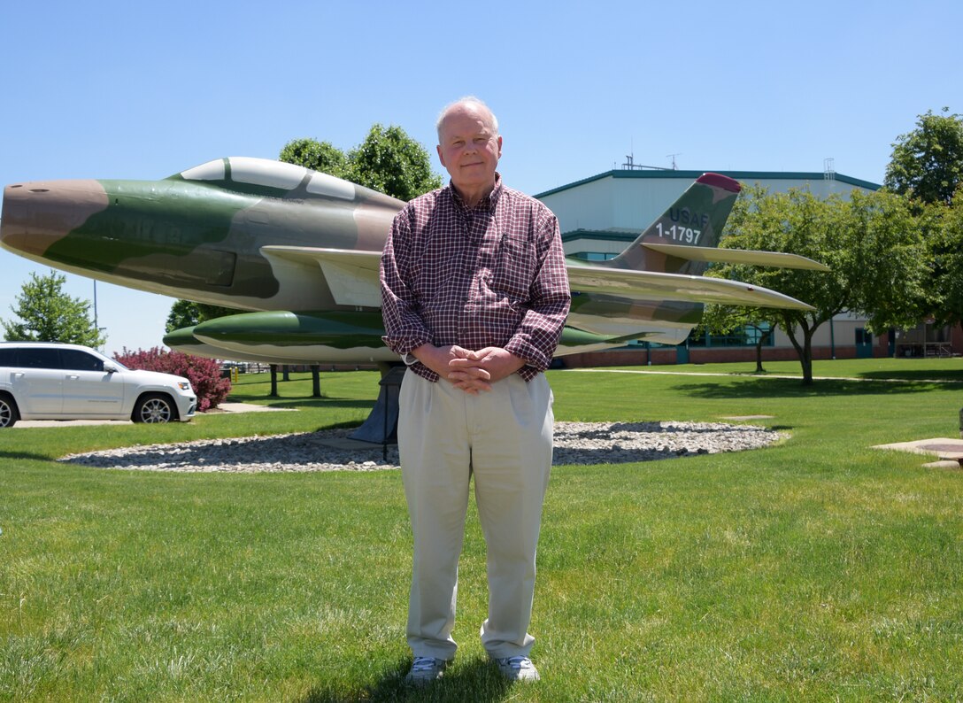 Joseph Frederick, a retired U.S. Air Force captain with the 178th Wing, returned to the Springfield Air National Guard Base, May 23, and reflected on his time as a pilot in the Ohio Air National Guard. The F-84F "Thunderstreak" aircraft that Frederick flew was turned into a static display, and he was able to visit the display upon his return to the 178th Wing.