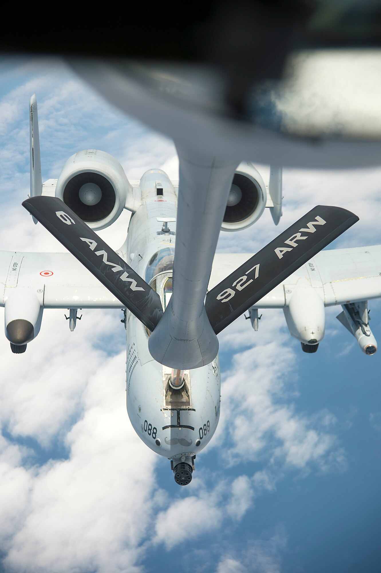 An A-10 Thunderbolt II aircraft from the 175th Wing, Maryland Air National Guard, receives fuel from a KC-135 Startotranker aircraft from MacDill Air Force Base, Fla., May 24, 2018. For over 60 years, the KC-135 has executed rapid global mobility by providing unmatched air refueling and airlift support worldwide.