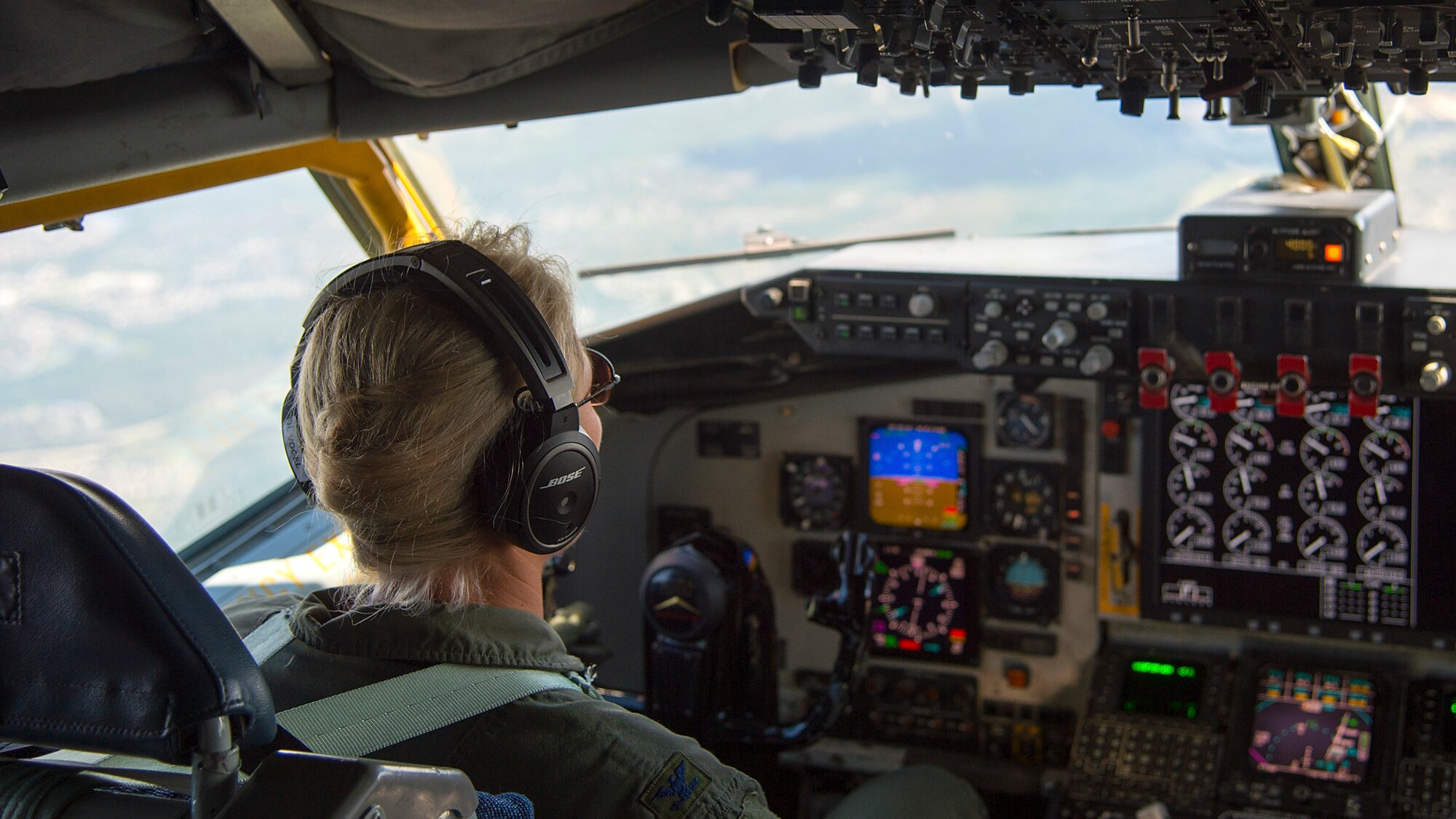 U.S. Air Force Col. April Vogel, commander of the 6th Air Mobility Wing, pilots a KC-135 Stratotanker aircraft over the skies of MacDill Air Force Base, Fla., during her fini-flight May 24, 2018. Vogel piloted the tanker for a final time as she prepares to relinquish command June 29, 2018.